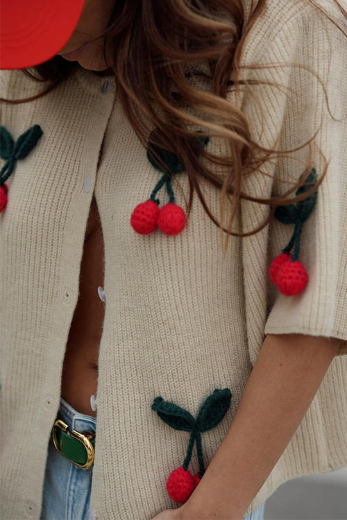 Valenzora | Rosiedress Kurzarm-Cardigan mit Knopfverschluss und Kirschdekor