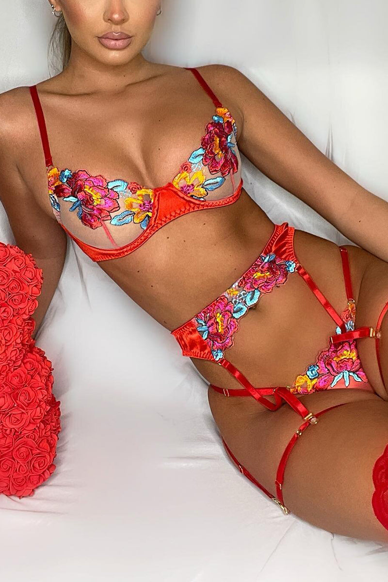Valenzora | Satin Sheer Floral 3 Piece Lingerie Set
