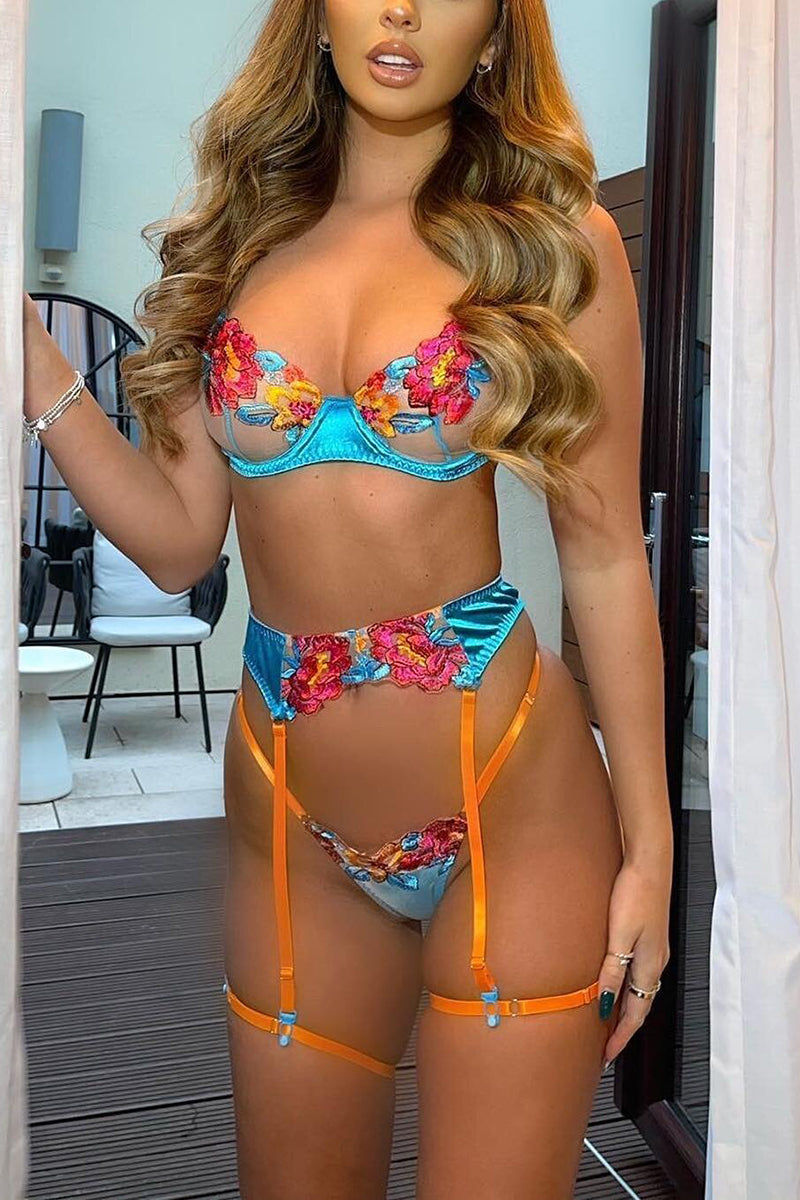 Valenzora | Satin Sheer Floral 3 Piece Lingerie Set