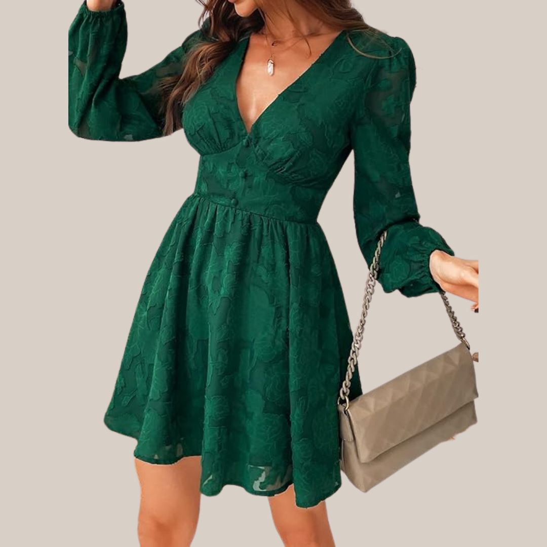 Valenzora | Chic long-sleeved dress with a deep V-neck