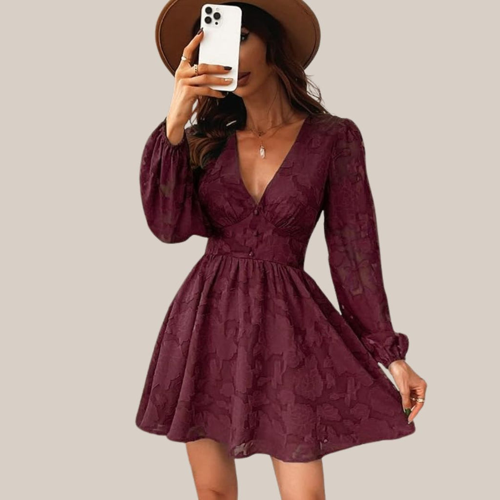 Valenzora | Chic long-sleeved dress with a deep V-neck