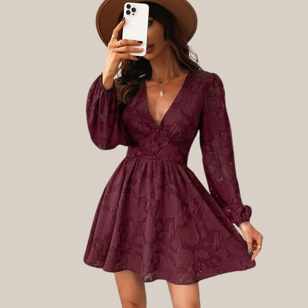 Valenzora | Chic long-sleeved dress with a deep V-neck