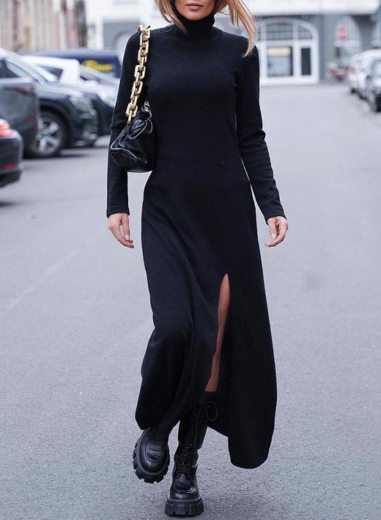 Valenzora | Rosiedress Roll Neck Long Sleeve High Slit Maxi Dress