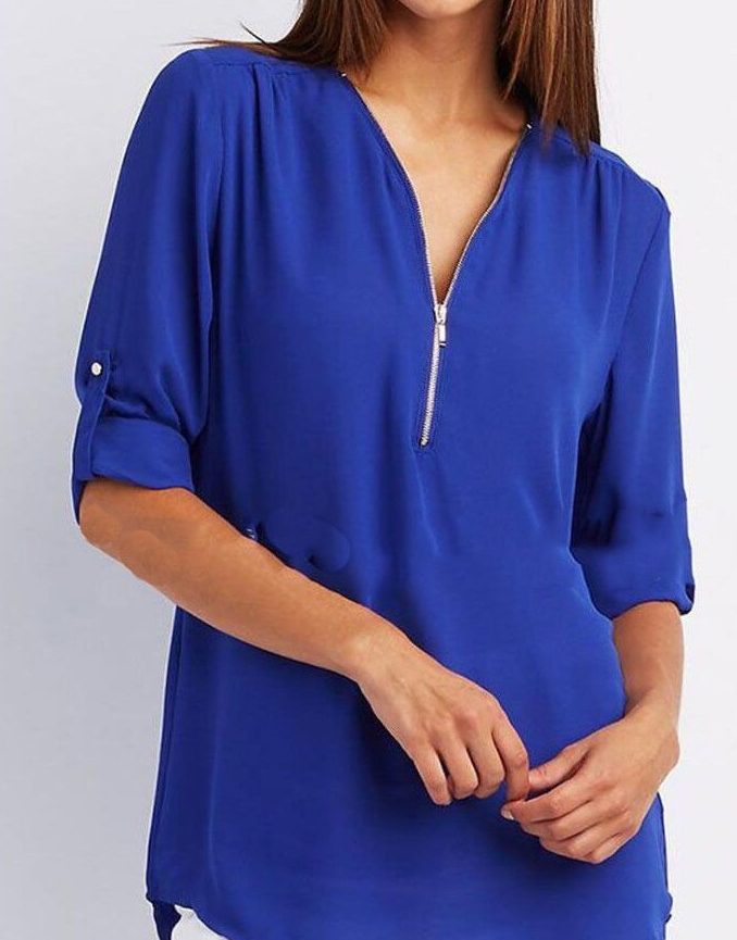 Valenzora Short-sleeved shirt with zipper and V-neck - Loose tops