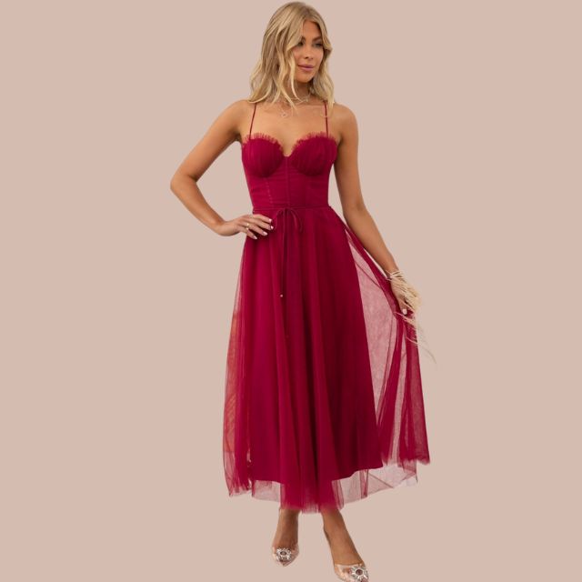 Valenzora | Spaghetti strap tulle midi dress