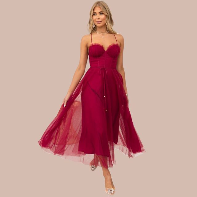 Valenzora | Spaghetti strap tulle midi dress