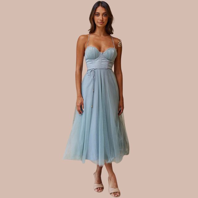 Valenzora | Spaghetti strap tulle midi dress