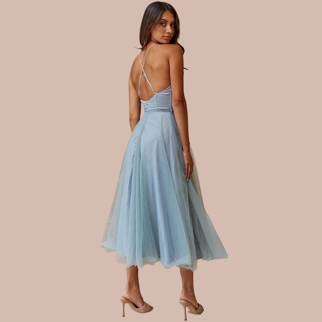 Valenzora | Spaghetti strap tulle midi dress