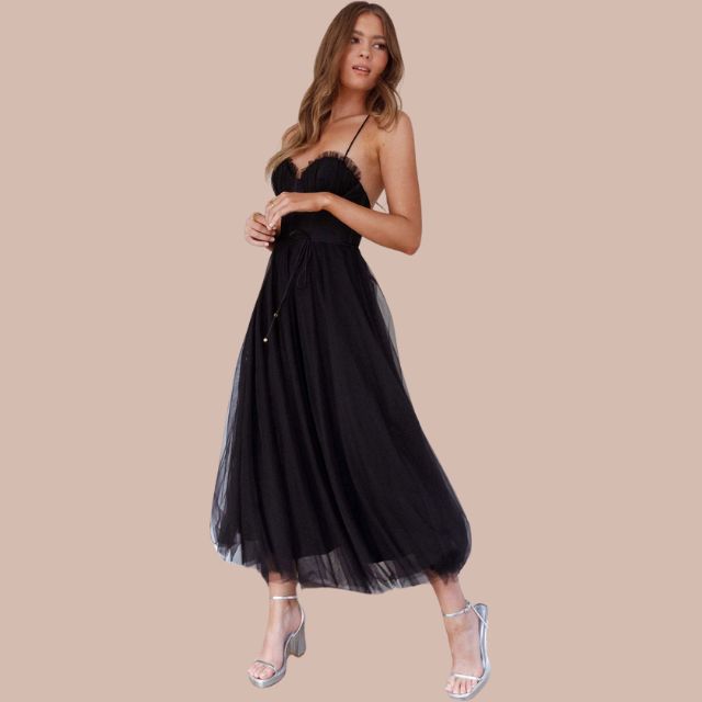 Valenzora | Spaghetti strap tulle midi dress