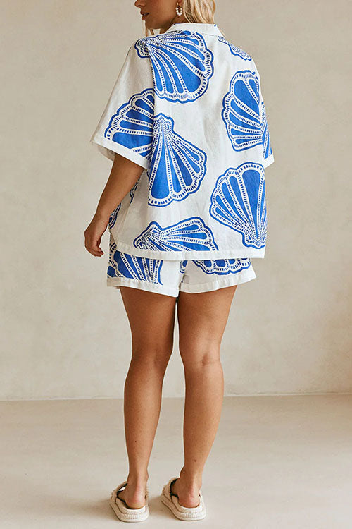 Valenzora | Rosiedress V-neck short-sleeved shirt and shorts with drawstring waist, shell print set
