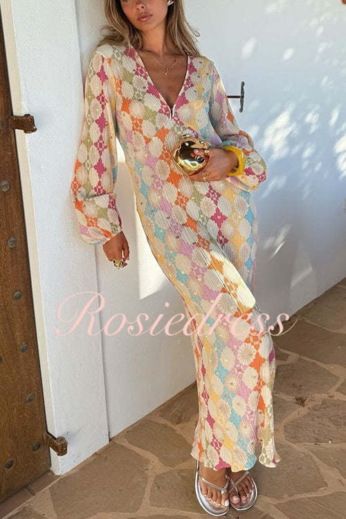Valenzora | Rosiedress V-neck lantern sleeve geometric print maxi dress