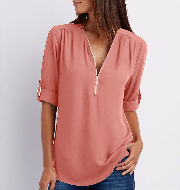 Valenzora Short-sleeved shirt with zipper and V-neck - Loose tops