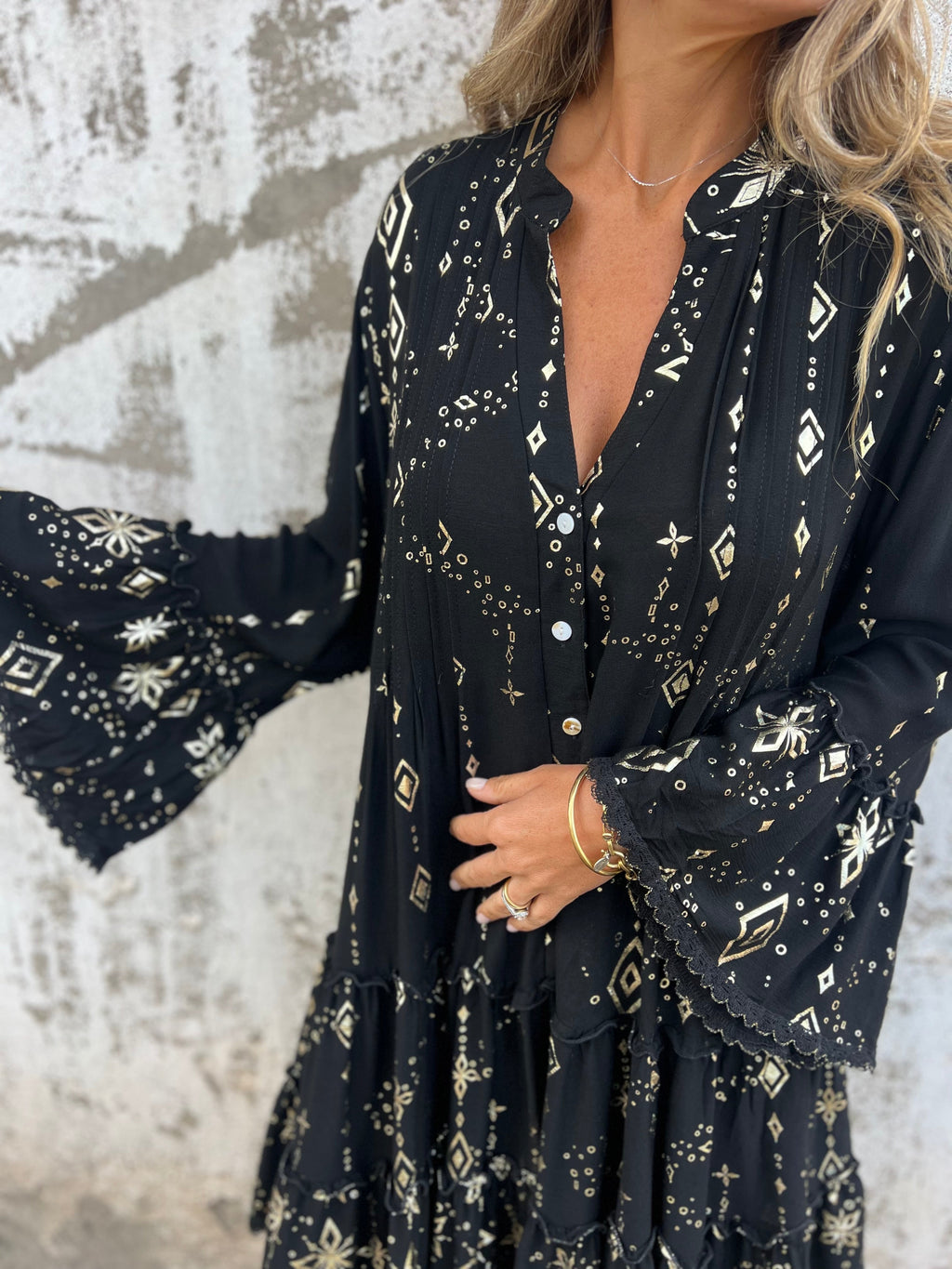 Valenzora | Boho Metallic Shirt Dress