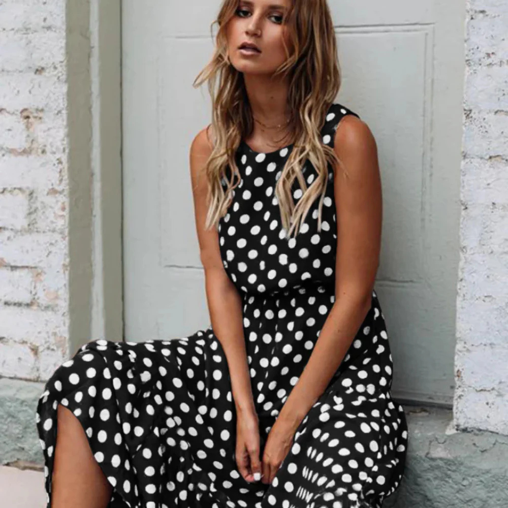 Valenzora | Black Polka Dot Midi Dress for a Retro Chic Look