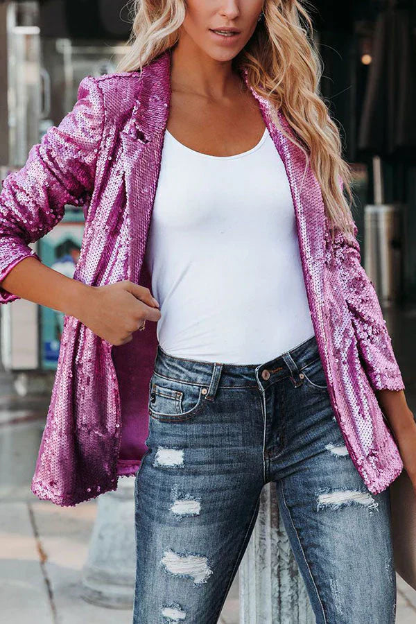 Valenzora | Women's Sequin Blazer with Long Sleeves and Lapel