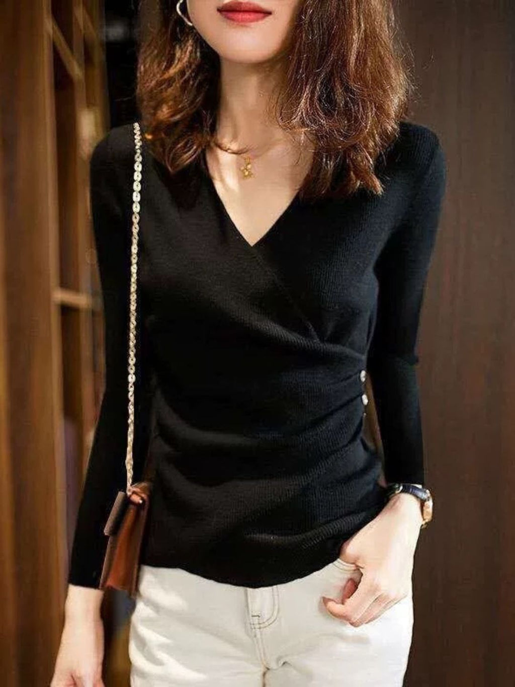 Valenzora | Casual V-neck solid color knit top green