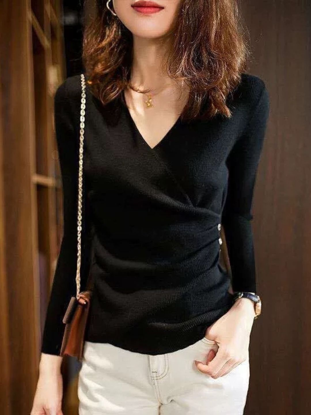 Valenzora | Casual V-neck solid color knit top green