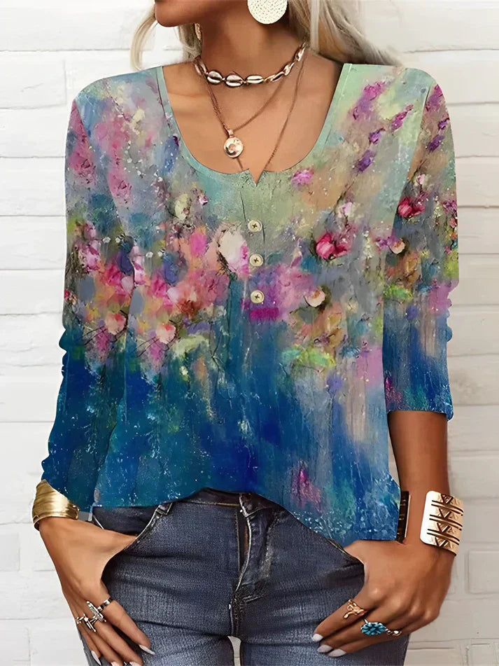 Valenzora | Long-sleeved T-shirt with floral print, round neck and long sleeves