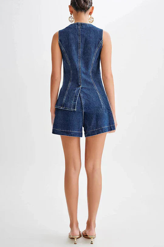 Valenzora | Denim Princess Seams Pocket Vest Top