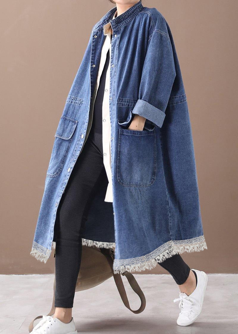 Valenzora | Denim Blue Plus Size Trench Coat with Drawstring