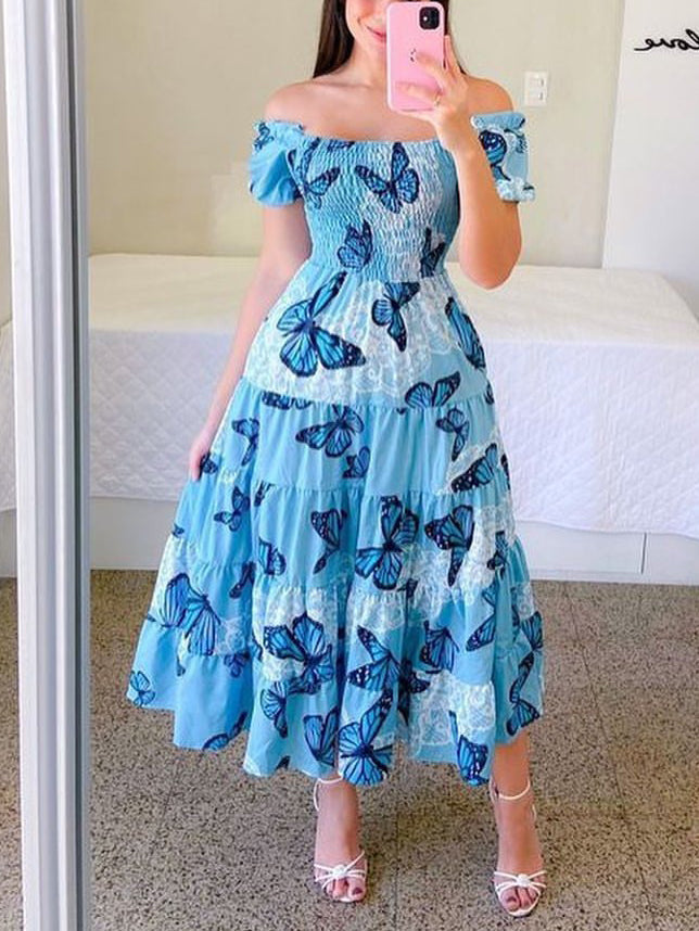 Valenzora | Fashion Short-sleeved Printed Flared Midi Dress