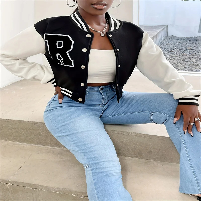 Valenzora | Varsity Bomber Jacket for Women, Short Model with Letter Patch and Snap Button Closure