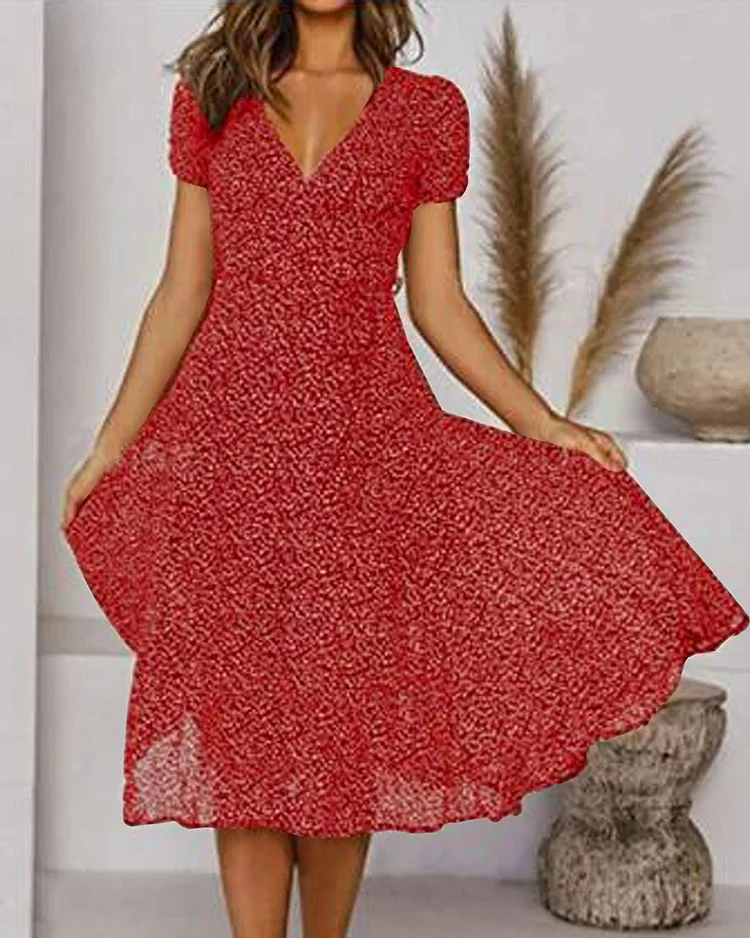 Valenzora | Printed silk chiffon dress with short sleeves and V-neck for women