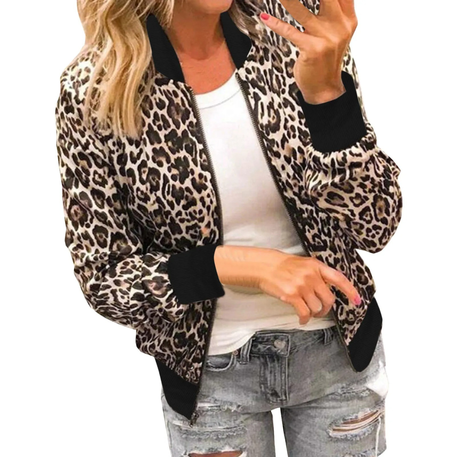 Valenzora | Leopard print black with lapel and zipper women's summer jacket