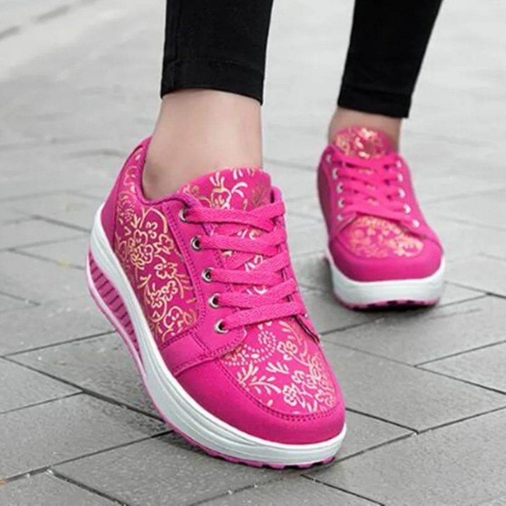 Valenzora | Orthopädische Damen-Sneaker aus schwarzem Leder mit Blumenmuster