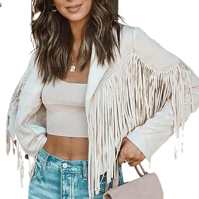 Suede jacket for women with tassel trim