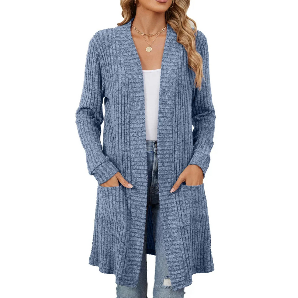 Valenzora | Langer gerippter Cardigan für Damen mit offener Vorderseite und Taschen