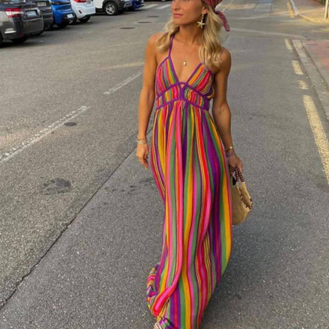 Valenzora | Vibrant striped maxi dress with waist accentuation