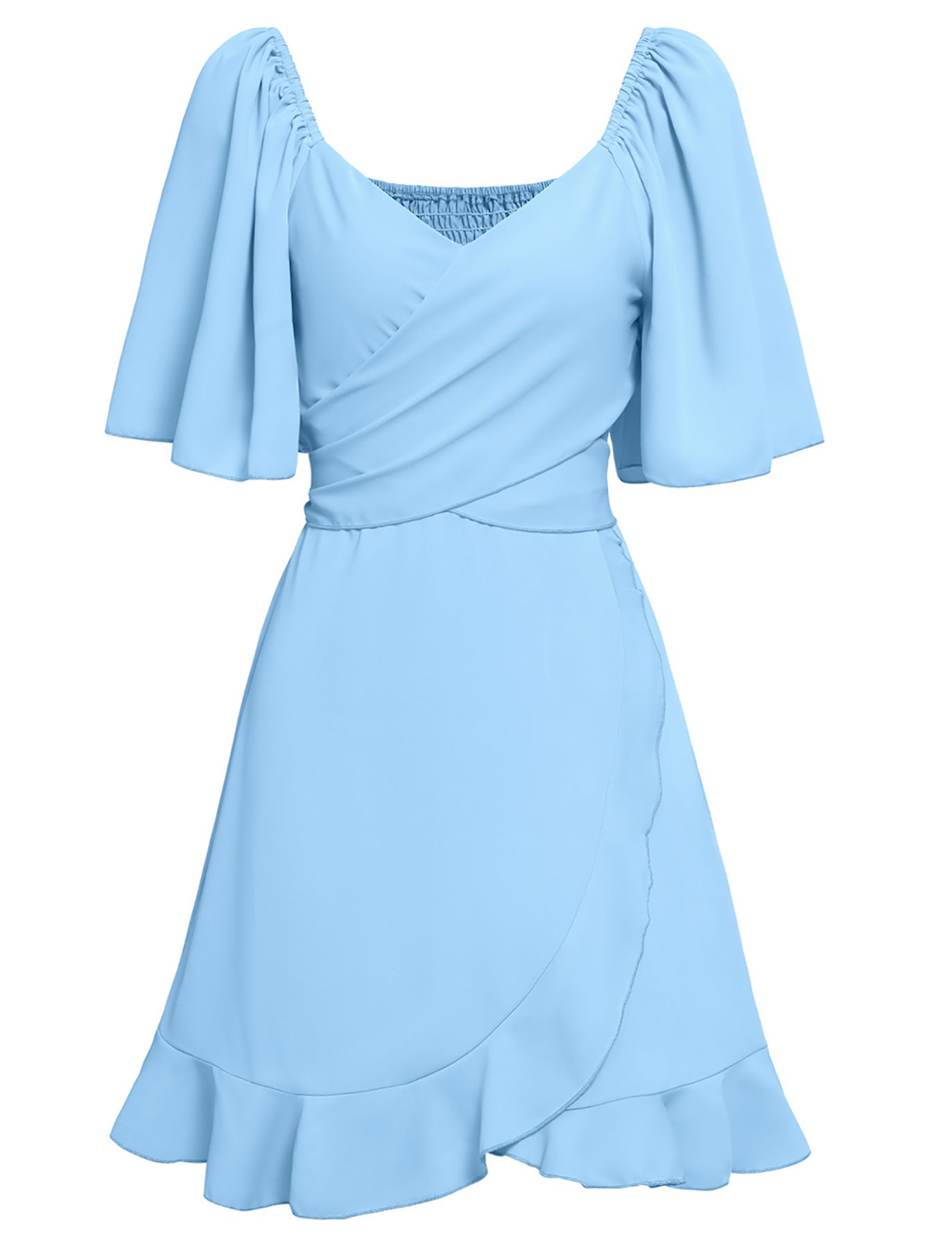 Valenzora | Casual Cross V-Neck Short Sleeve Wrap Solid Color Mini Dress