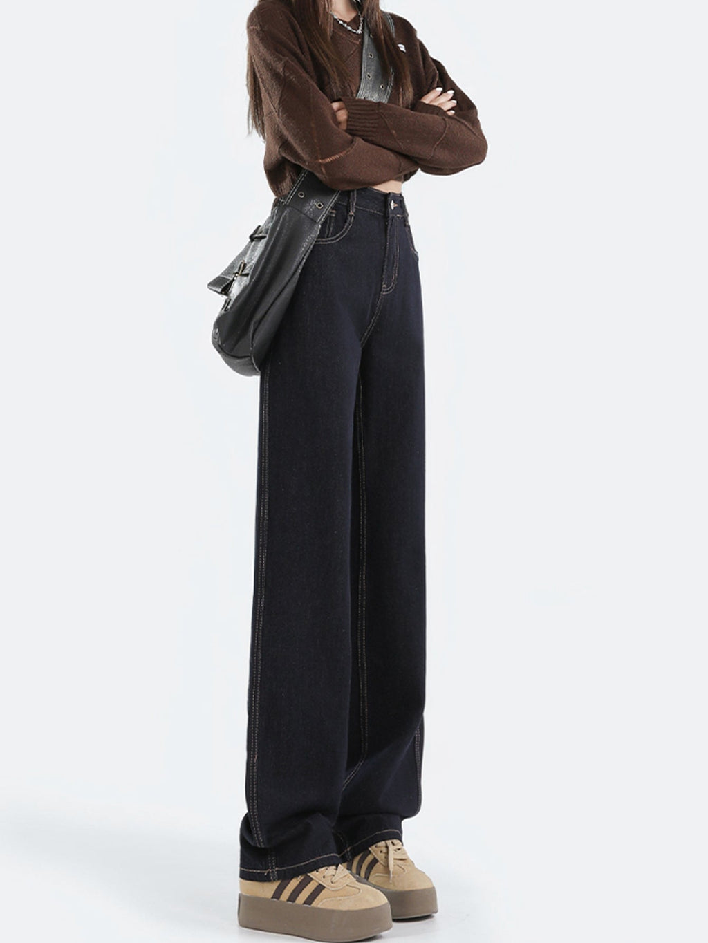 Valenzora | Loose-fitting dark high-waisted floor-length denim trousers
