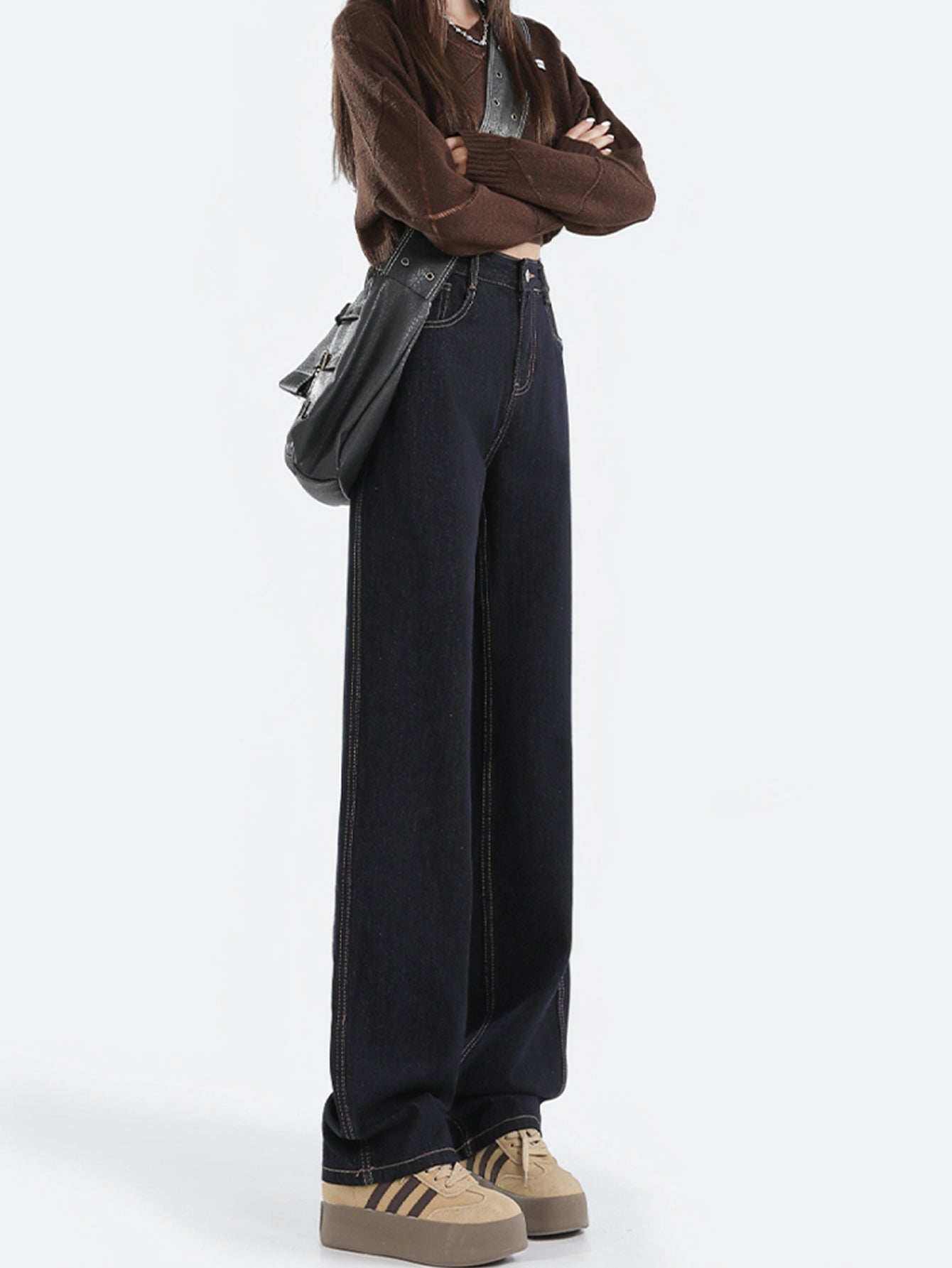 Valenzora | Loose-fitting dark high-waisted floor-length denim trousers