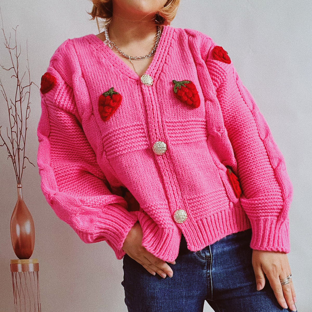 Langärmliger Cardigan mit Erdbeermuster für Herbst und Frühling