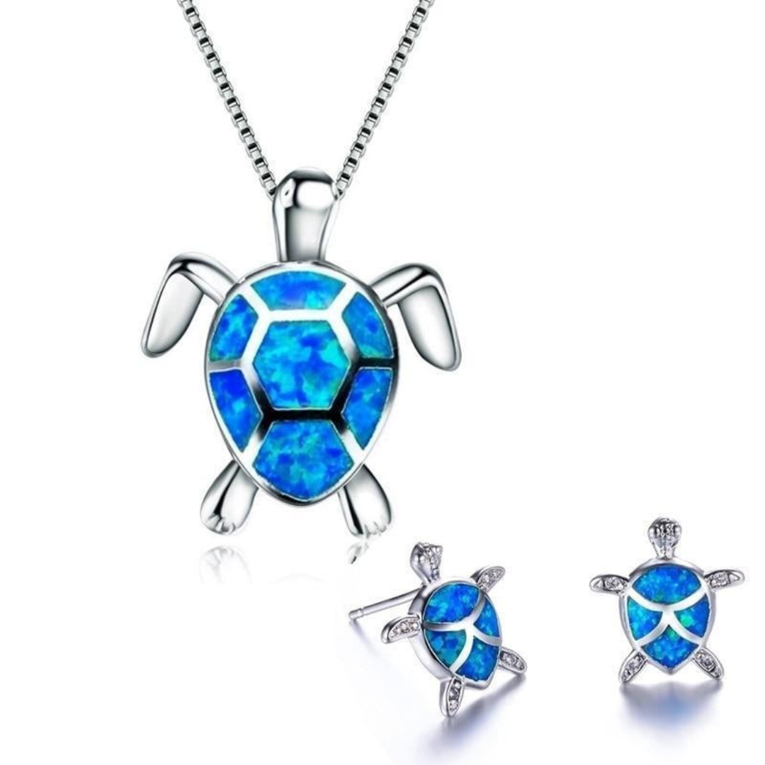 Valenzora | Turtle Necklace + Earrings in Opal and Silver