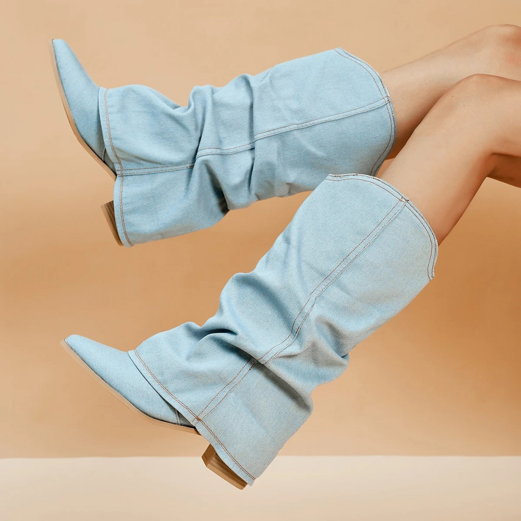Valenzora | gefaltete Jeansstiefel mit Blockabsatz