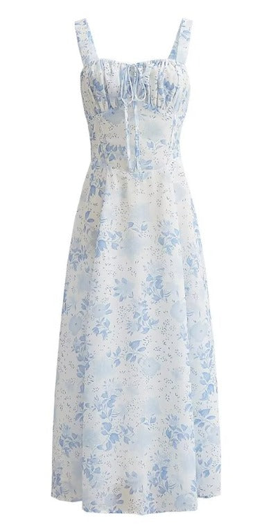 Blue midi dress with floral pattern and square neckline