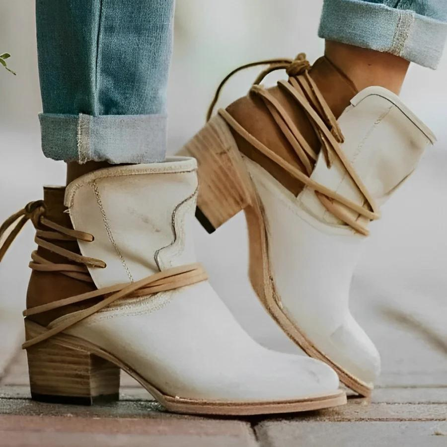 Valenzora | Women's Western Ankle Boots with Wrap Lacing, Washed Leather, Chunky Heels