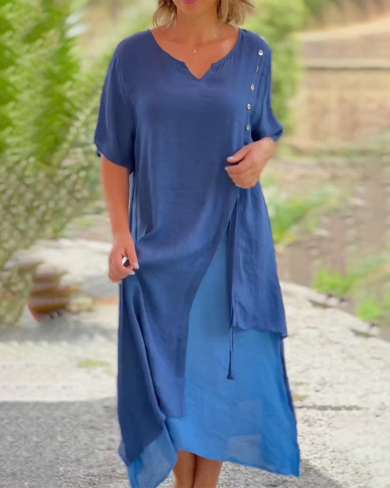 Valenzora | Asymmetrisches Kleid mit kurzen Ärmeln und V-Ausschnitt