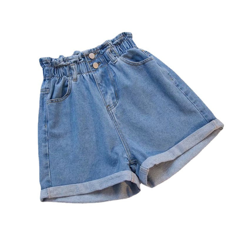 Women's denim shorts with a high waist and elasticated waistband, size S
