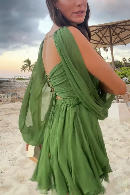 Valenzora | V-neck, back lacing, slit, sleeves, mini dress