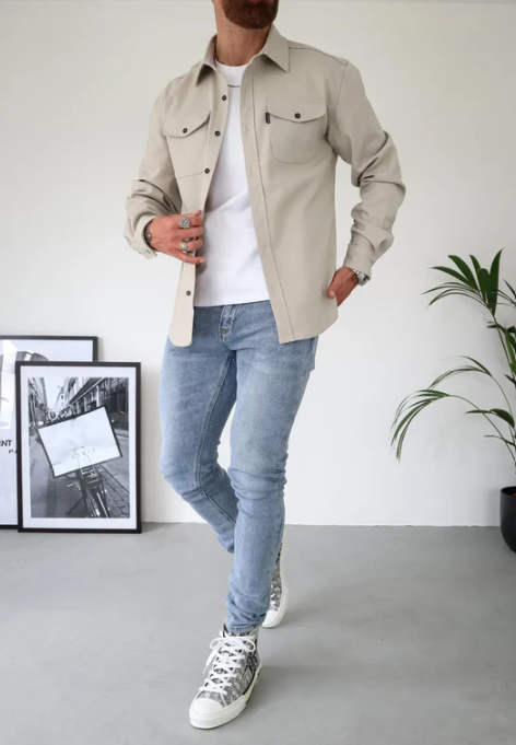 Shirt jacket with button closure