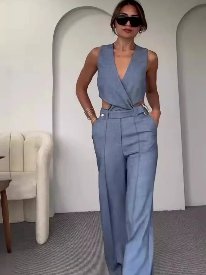 Simple buckle vest & trousers suit set