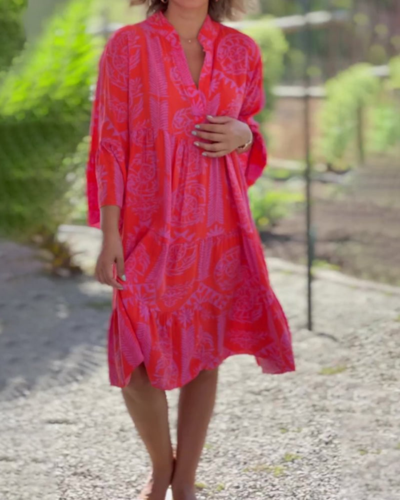 Valenzora | Kleid mit 3/4-Ärmeln und geometrischem Boho-Print
