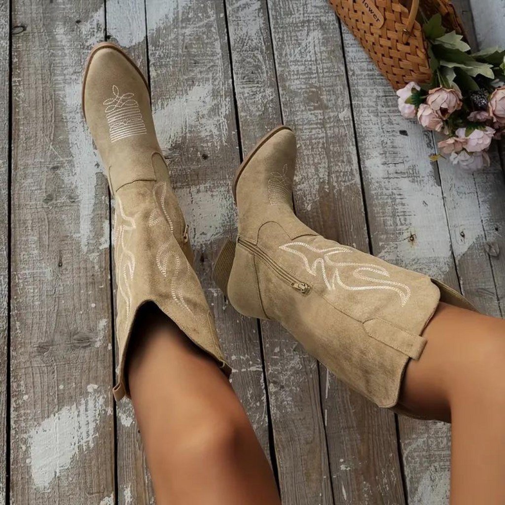 Cowboy boots | Retro chunky heel pointed boots with stylish side zipper