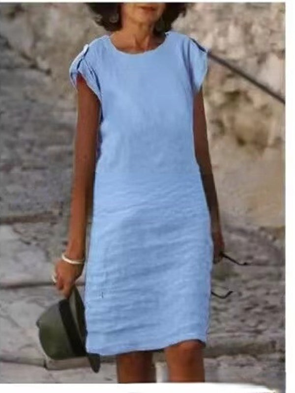 Valenzora | Women's Midi Dress in Colorful Cotton-Linen, Sleeveless with Round Neck