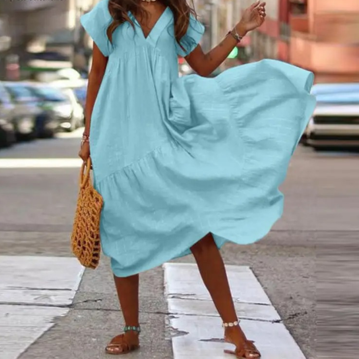 Valenzora – Maxi-style shirt dress with V-neck and ruffles