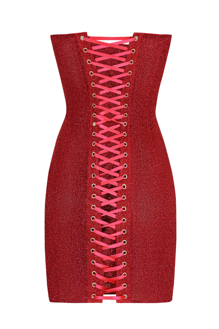 Valenzora | Strapless Glitter Red Corset Mini Dress